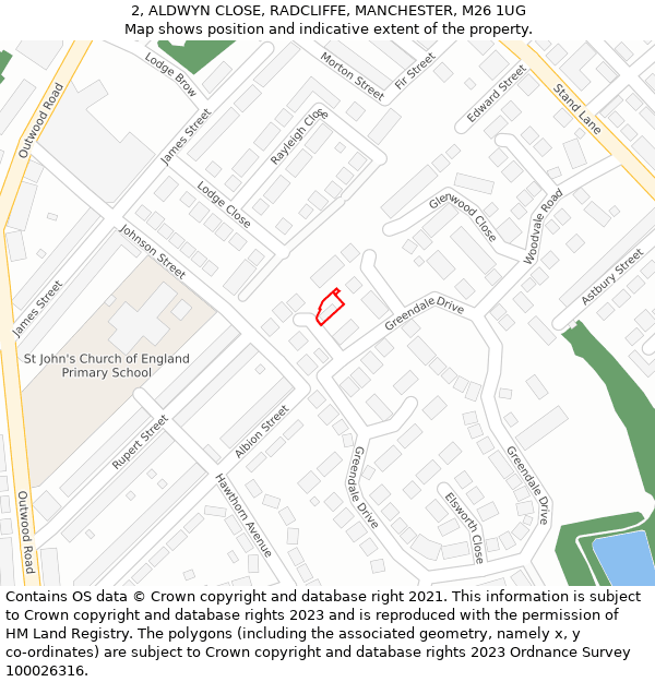 2, ALDWYN CLOSE, RADCLIFFE, MANCHESTER, M26 1UG: Location map and indicative extent of plot