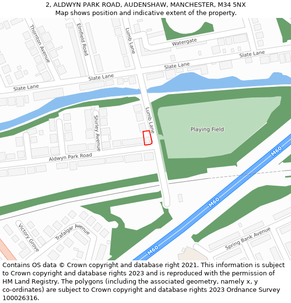 2, ALDWYN PARK ROAD, AUDENSHAW, MANCHESTER, M34 5NX: Location map and indicative extent of plot