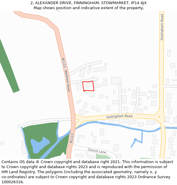 2, ALEXANDER DRIVE, FINNINGHAM, STOWMARKET, IP14 4JX: Location map and indicative extent of plot