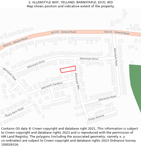 2, ALLENSTYLE WAY, YELLAND, BARNSTAPLE, EX31 3ED: Location map and indicative extent of plot