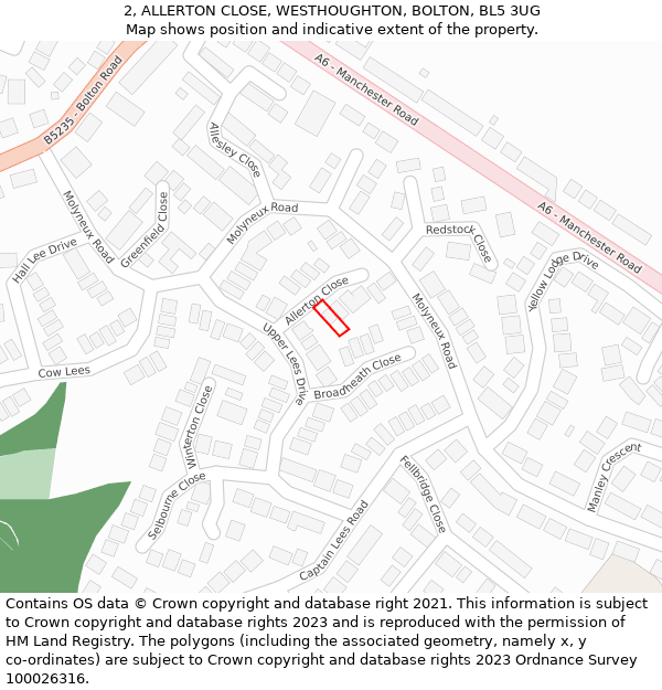 2, ALLERTON CLOSE, WESTHOUGHTON, BOLTON, BL5 3UG: Location map and indicative extent of plot