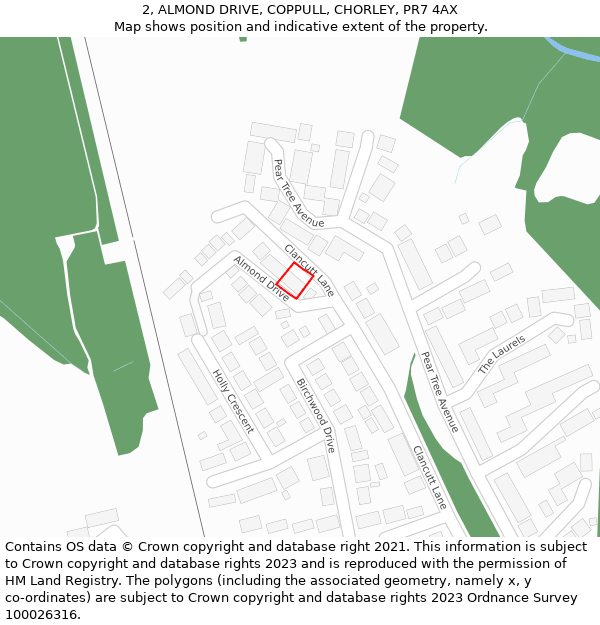 2, ALMOND DRIVE, COPPULL, CHORLEY, PR7 4AX: Location map and indicative extent of plot