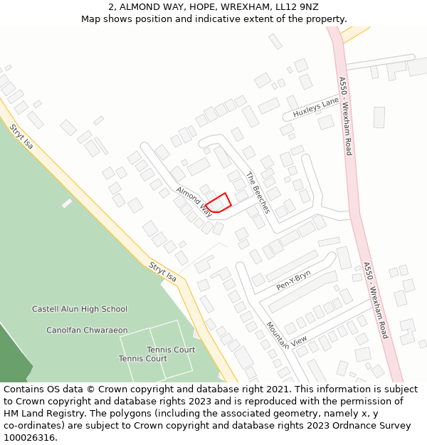 2, ALMOND WAY, HOPE, WREXHAM, LL12 9NZ: Location map and indicative extent of plot