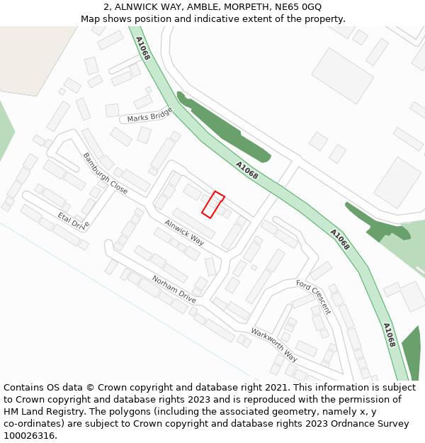 2, ALNWICK WAY, AMBLE, MORPETH, NE65 0GQ: Location map and indicative extent of plot