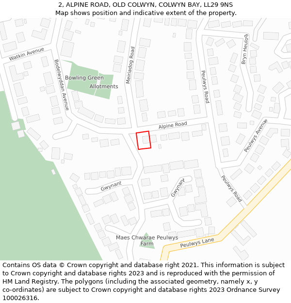 2, ALPINE ROAD, OLD COLWYN, COLWYN BAY, LL29 9NS: Location map and indicative extent of plot
