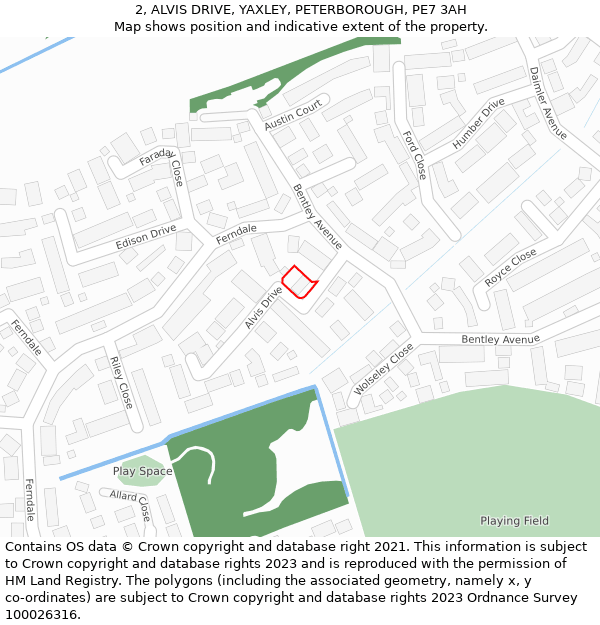 2, ALVIS DRIVE, YAXLEY, PETERBOROUGH, PE7 3AH: Location map and indicative extent of plot
