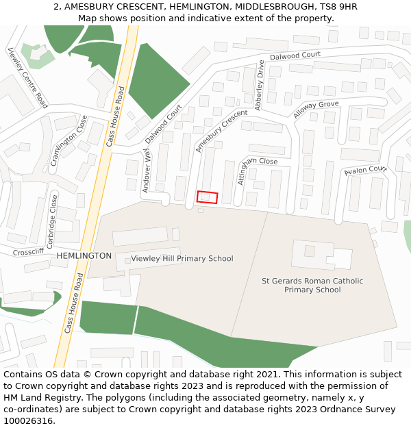 2, AMESBURY CRESCENT, HEMLINGTON, MIDDLESBROUGH, TS8 9HR: Location map and indicative extent of plot
