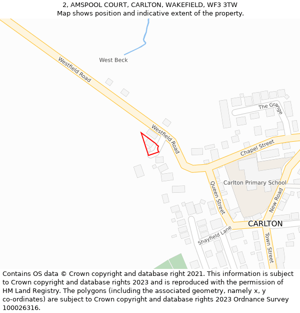 2, AMSPOOL COURT, CARLTON, WAKEFIELD, WF3 3TW: Location map and indicative extent of plot