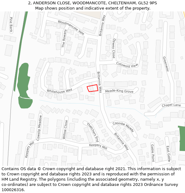 2, ANDERSON CLOSE, WOODMANCOTE, CHELTENHAM, GL52 9PS: Location map and indicative extent of plot