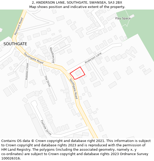 2, ANDERSON LANE, SOUTHGATE, SWANSEA, SA3 2BX: Location map and indicative extent of plot