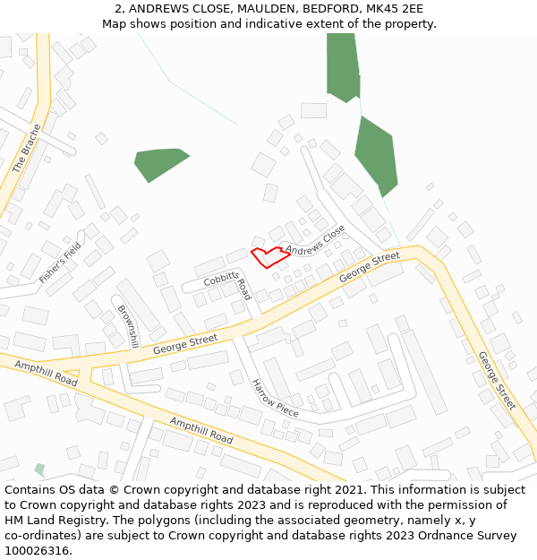 2, ANDREWS CLOSE, MAULDEN, BEDFORD, MK45 2EE: Location map and indicative extent of plot