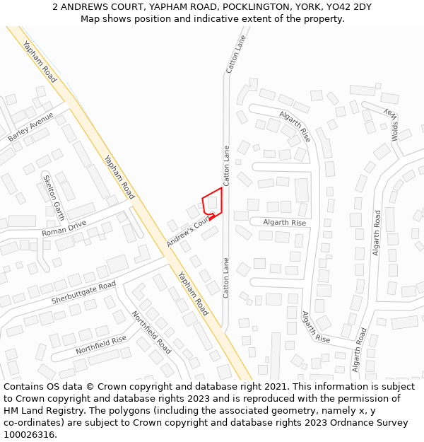 2 ANDREWS COURT, YAPHAM ROAD, POCKLINGTON, YORK, YO42 2DY: Location map and indicative extent of plot