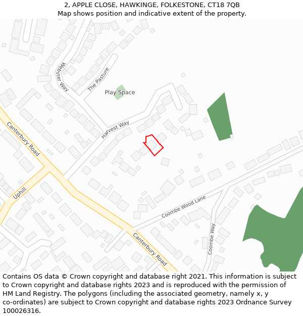 2, APPLE CLOSE, HAWKINGE, FOLKESTONE, CT18 7QB: Location map and indicative extent of plot