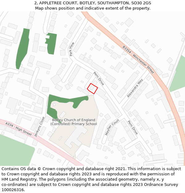 2, APPLETREE COURT, BOTLEY, SOUTHAMPTON, SO30 2GS: Location map and indicative extent of plot