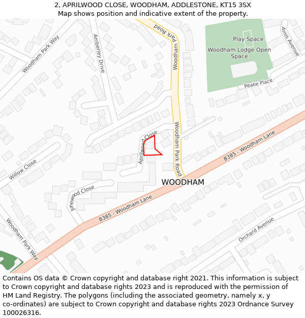 2, APRILWOOD CLOSE, WOODHAM, ADDLESTONE, KT15 3SX: Location map and indicative extent of plot