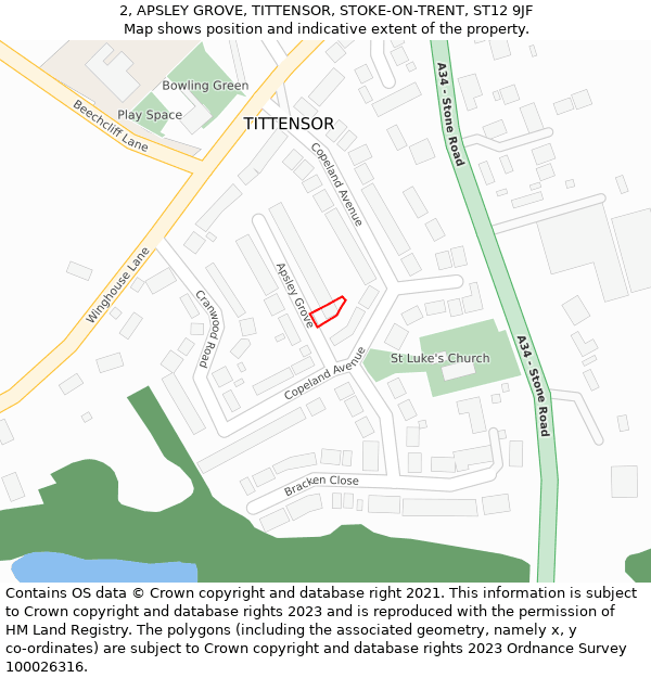 2, APSLEY GROVE, TITTENSOR, STOKE-ON-TRENT, ST12 9JF: Location map and indicative extent of plot