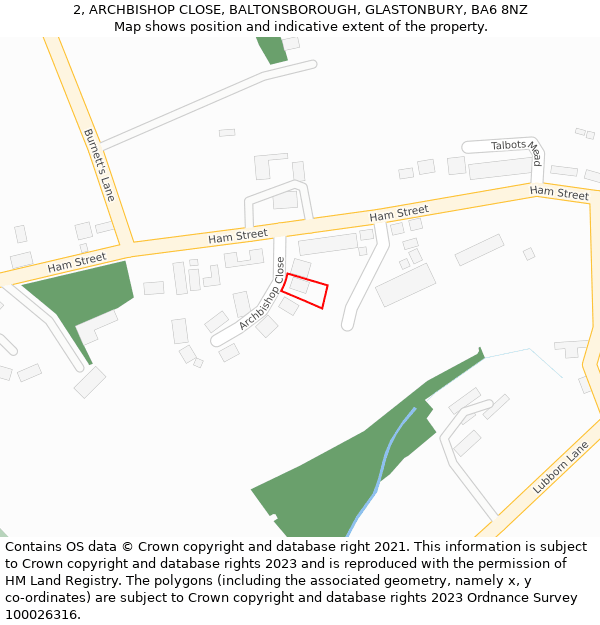 2, ARCHBISHOP CLOSE, BALTONSBOROUGH, GLASTONBURY, BA6 8NZ: Location map and indicative extent of plot