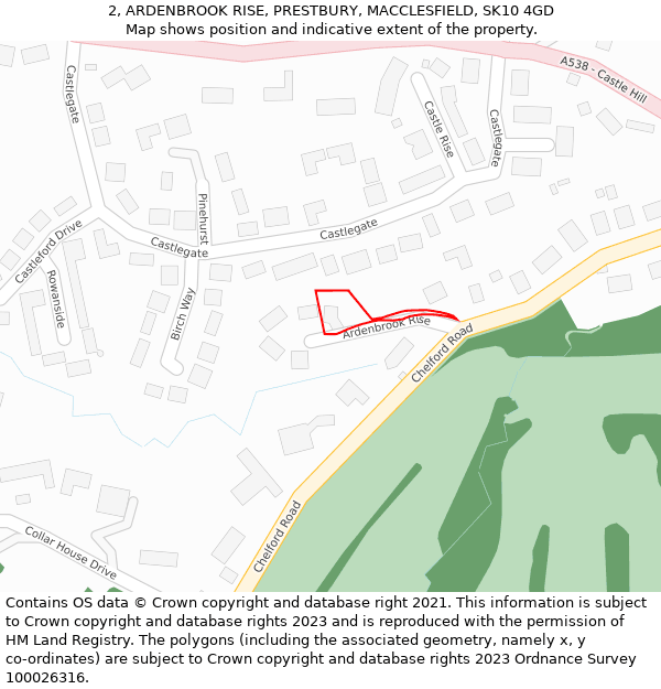 2, ARDENBROOK RISE, PRESTBURY, MACCLESFIELD, SK10 4GD: Location map and indicative extent of plot