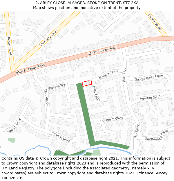 2, ARLEY CLOSE, ALSAGER, STOKE-ON-TRENT, ST7 2XA: Location map and indicative extent of plot