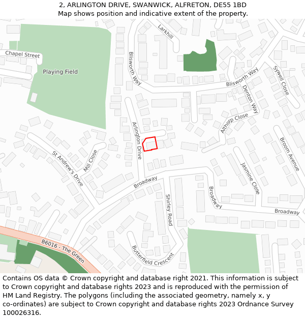 2, ARLINGTON DRIVE, SWANWICK, ALFRETON, DE55 1BD: Location map and indicative extent of plot