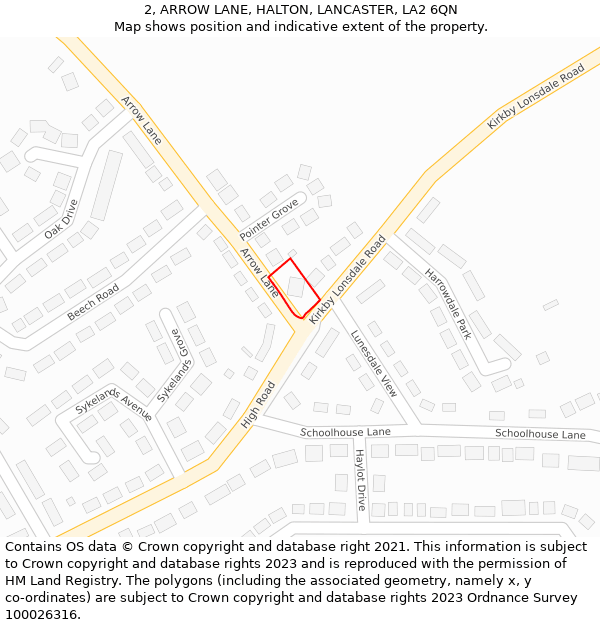 2, ARROW LANE, HALTON, LANCASTER, LA2 6QN: Location map and indicative extent of plot