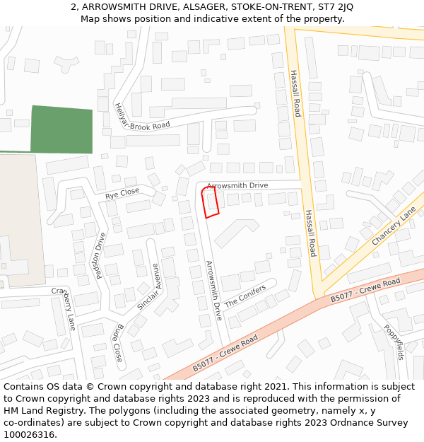2, ARROWSMITH DRIVE, ALSAGER, STOKE-ON-TRENT, ST7 2JQ: Location map and indicative extent of plot