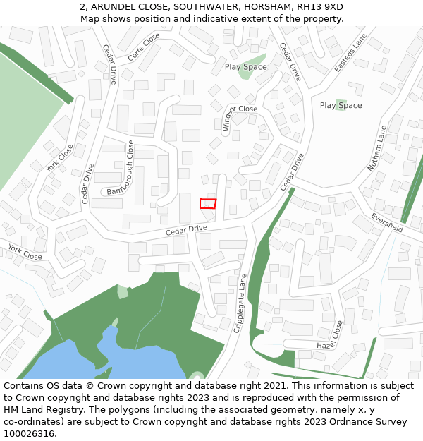 2, ARUNDEL CLOSE, SOUTHWATER, HORSHAM, RH13 9XD: Location map and indicative extent of plot