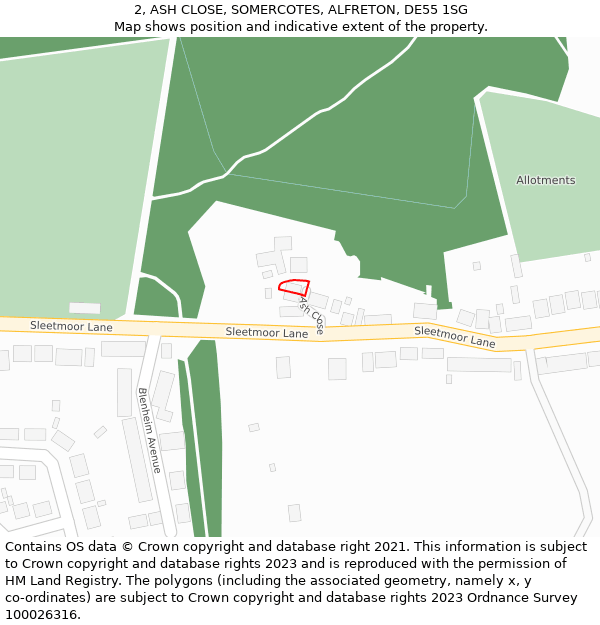 2, ASH CLOSE, SOMERCOTES, ALFRETON, DE55 1SG: Location map and indicative extent of plot