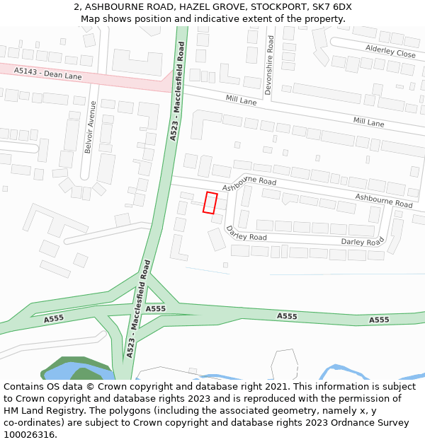 2, ASHBOURNE ROAD, HAZEL GROVE, STOCKPORT, SK7 6DX: Location map and indicative extent of plot
