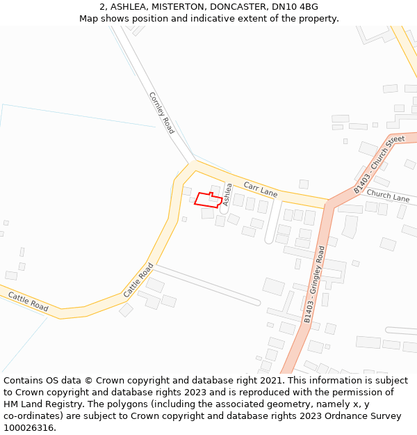 2, ASHLEA, MISTERTON, DONCASTER, DN10 4BG: Location map and indicative extent of plot