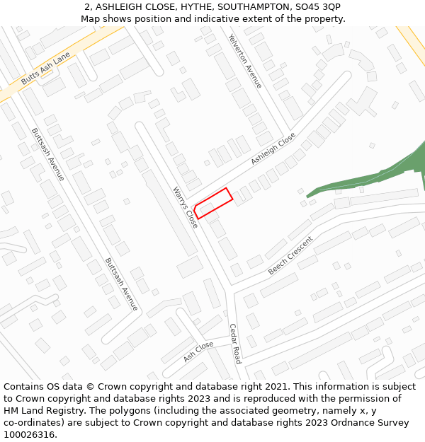 2, ASHLEIGH CLOSE, HYTHE, SOUTHAMPTON, SO45 3QP: Location map and indicative extent of plot