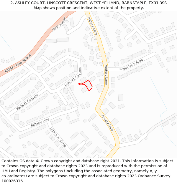 2, ASHLEY COURT, LINSCOTT CRESCENT, WEST YELLAND, BARNSTAPLE, EX31 3SS: Location map and indicative extent of plot