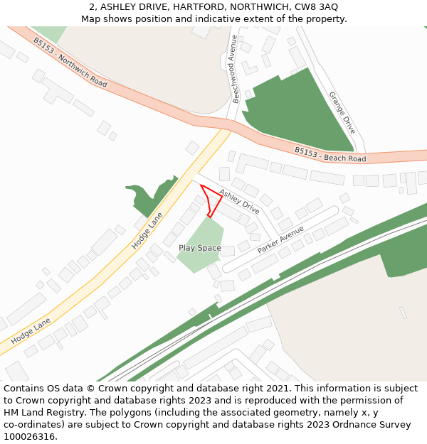 2, ASHLEY DRIVE, HARTFORD, NORTHWICH, CW8 3AQ: Location map and indicative extent of plot