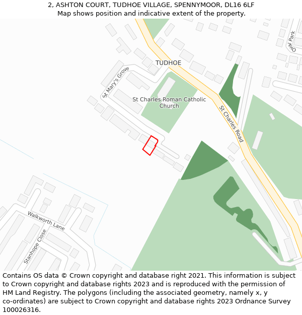 2, ASHTON COURT, TUDHOE VILLAGE, SPENNYMOOR, DL16 6LF: Location map and indicative extent of plot