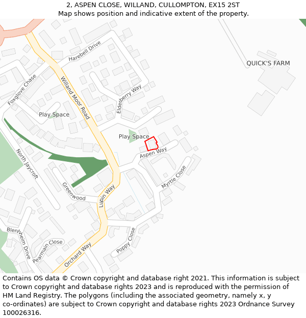 2, ASPEN CLOSE, WILLAND, CULLOMPTON, EX15 2ST: Location map and indicative extent of plot