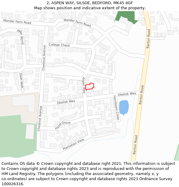 2, ASPEN WAY, SILSOE, BEDFORD, MK45 4GF: Location map and indicative extent of plot