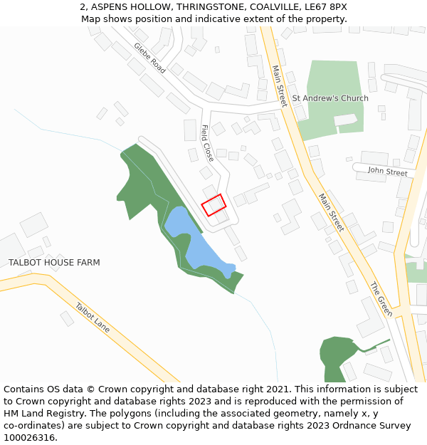 2, ASPENS HOLLOW, THRINGSTONE, COALVILLE, LE67 8PX: Location map and indicative extent of plot