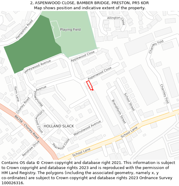 2, ASPENWOOD CLOSE, BAMBER BRIDGE, PRESTON, PR5 6DR: Location map and indicative extent of plot