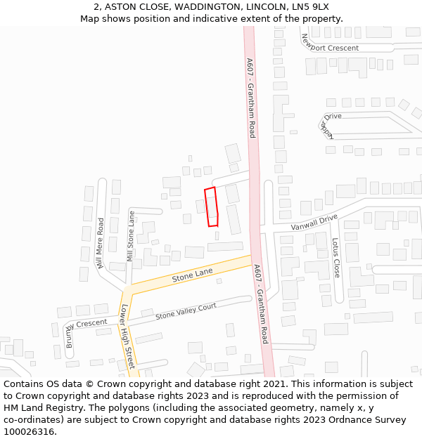 2, ASTON CLOSE, WADDINGTON, LINCOLN, LN5 9LX: Location map and indicative extent of plot