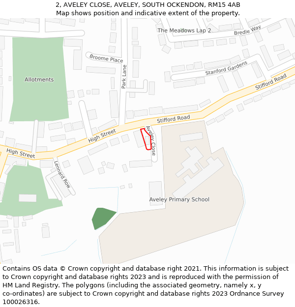 2, AVELEY CLOSE, AVELEY, SOUTH OCKENDON, RM15 4AB: Location map and indicative extent of plot