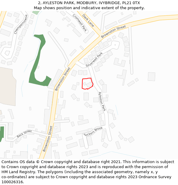 2, AYLESTON PARK, MODBURY, IVYBRIDGE, PL21 0TX: Location map and indicative extent of plot
