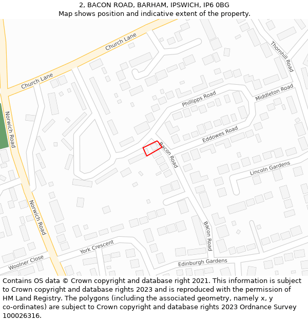 2, BACON ROAD, BARHAM, IPSWICH, IP6 0BG: Location map and indicative extent of plot