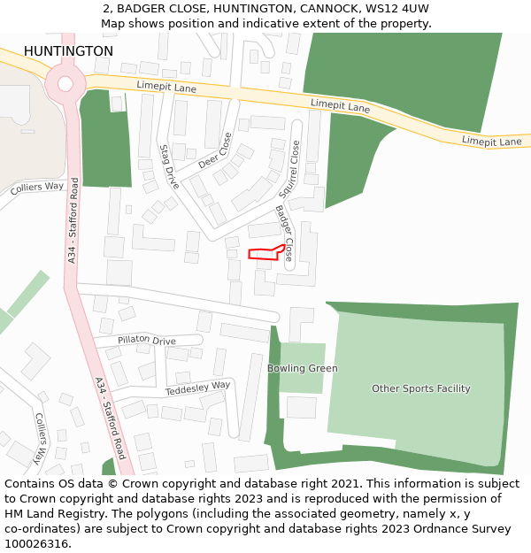 2, BADGER CLOSE, HUNTINGTON, CANNOCK, WS12 4UW: Location map and indicative extent of plot