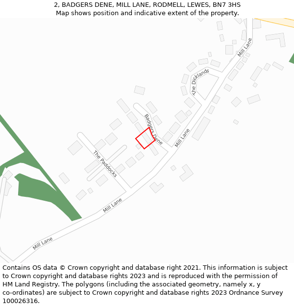 2, BADGERS DENE, MILL LANE, RODMELL, LEWES, BN7 3HS: Location map and indicative extent of plot
