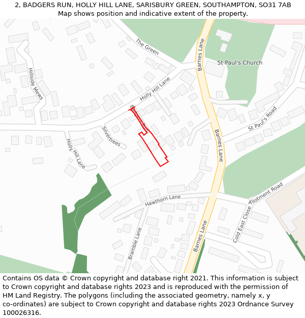 2, BADGERS RUN, HOLLY HILL LANE, SARISBURY GREEN, SOUTHAMPTON, SO31 7AB: Location map and indicative extent of plot