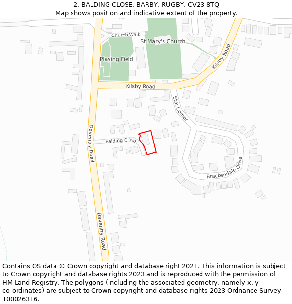 2, BALDING CLOSE, BARBY, RUGBY, CV23 8TQ: Location map and indicative extent of plot