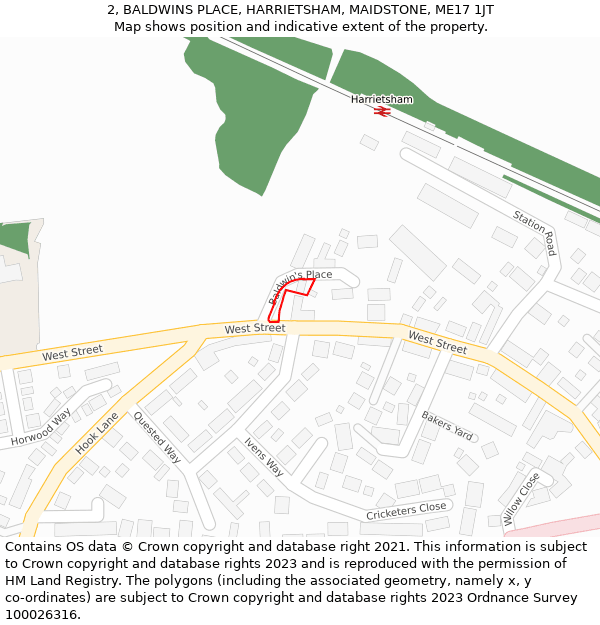 2, BALDWINS PLACE, HARRIETSHAM, MAIDSTONE, ME17 1JT: Location map and indicative extent of plot