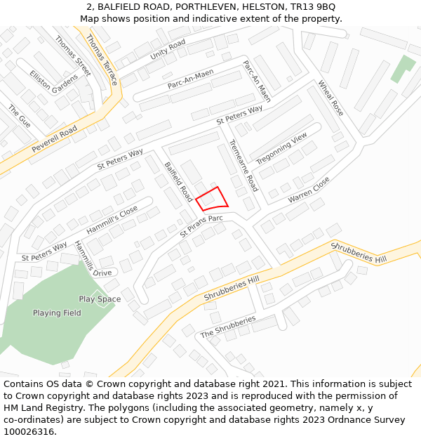 2, BALFIELD ROAD, PORTHLEVEN, HELSTON, TR13 9BQ: Location map and indicative extent of plot