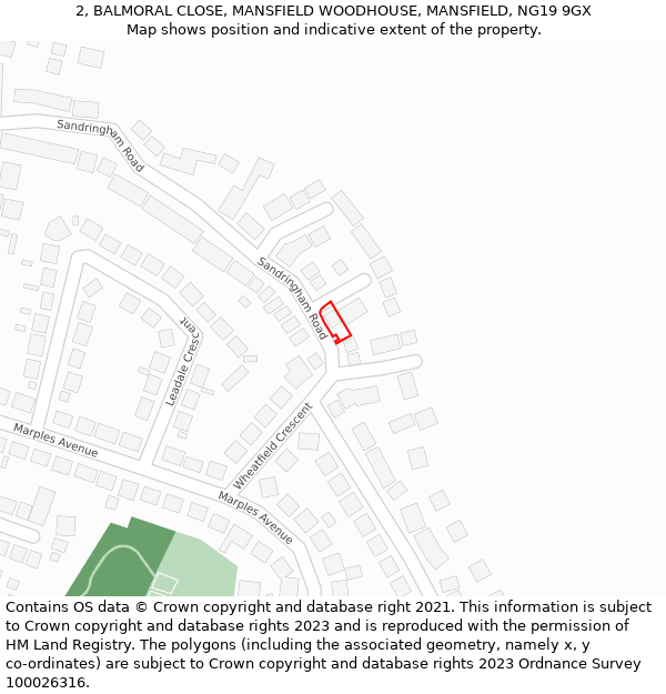 2, BALMORAL CLOSE, MANSFIELD WOODHOUSE, MANSFIELD, NG19 9GX: Location map and indicative extent of plot