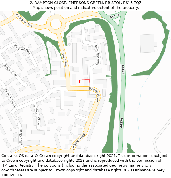 2, BAMPTON CLOSE, EMERSONS GREEN, BRISTOL, BS16 7QZ: Location map and indicative extent of plot